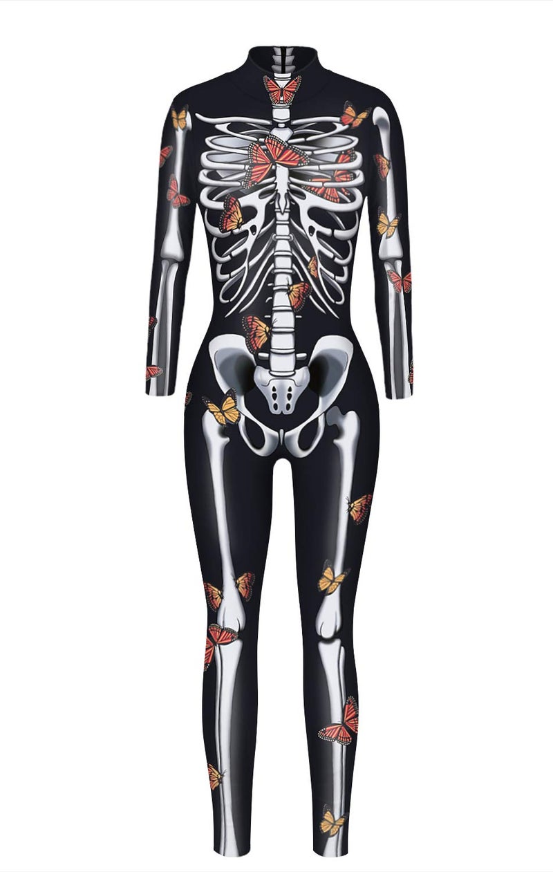 URVIP Women Halloween Skeleton Costume Stretch Skinny Catsuit Jumpsuit Bodysuit BAX-105 L - Image 3